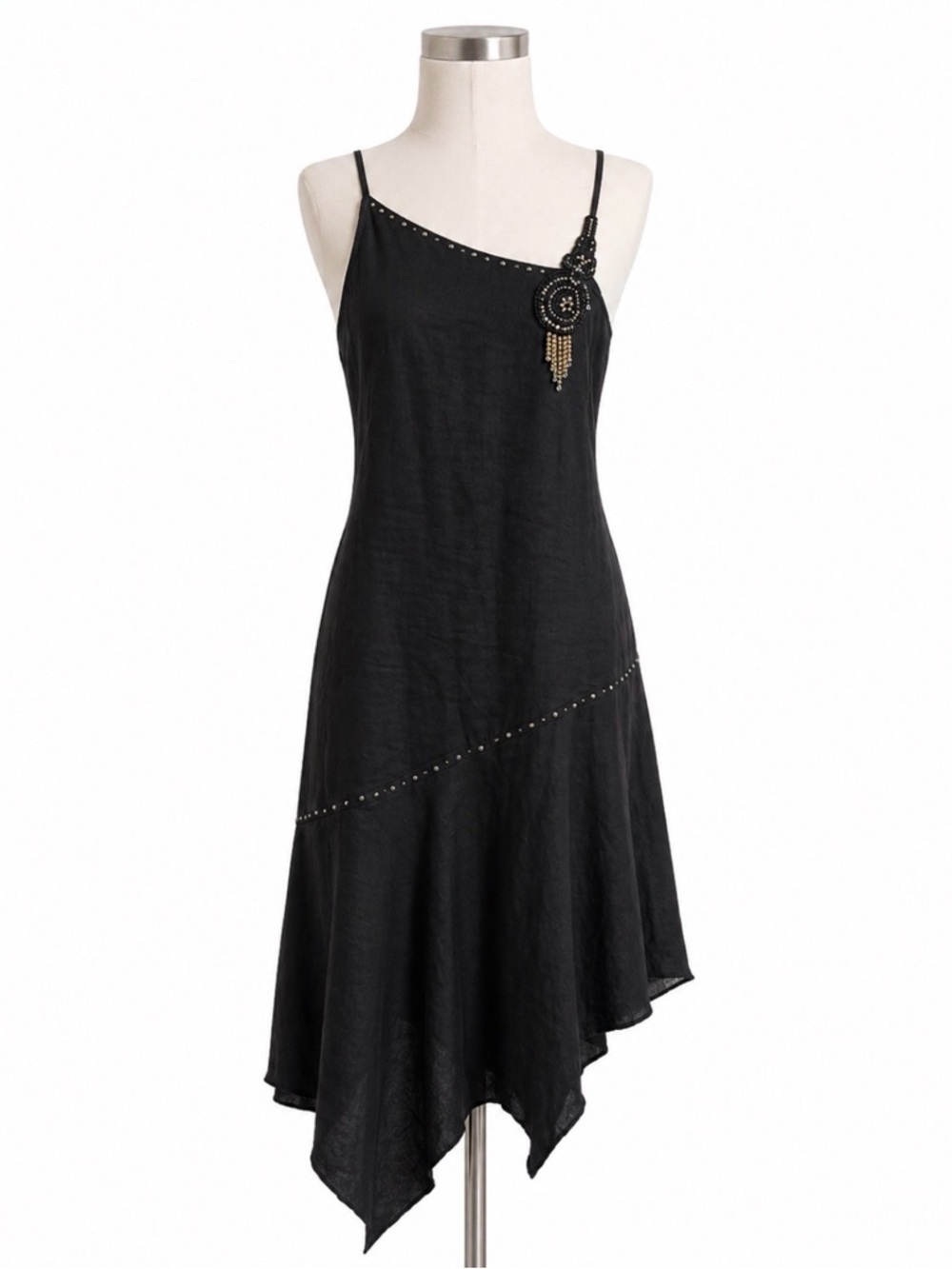 Vintage Rene Derhy Beaded Embellished Black Linen Asymmetrical  Maxi Dress Sz 6